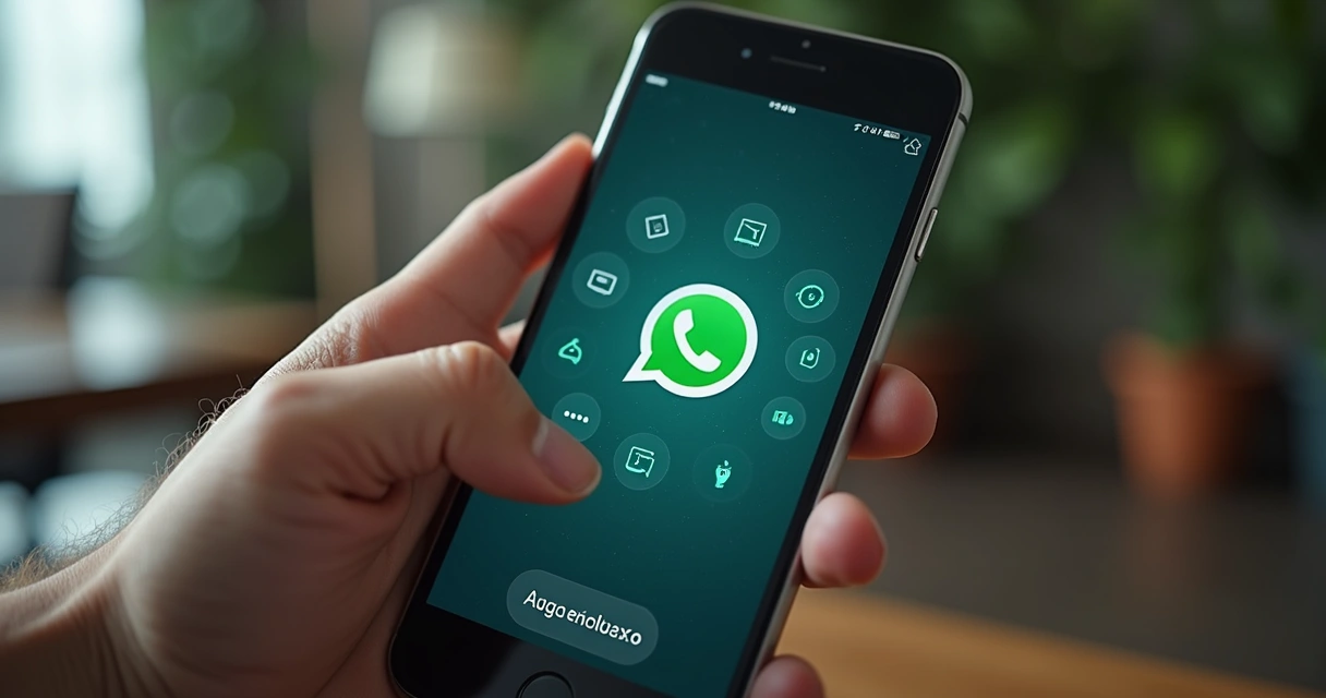 Tela de celular mostrando conversa confusa em WhatsApp com ícones de alerta e gráfico de vendas em queda ao fundo 