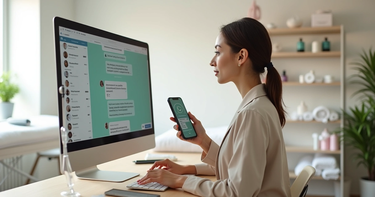 Esteticista usando computador e celular com WhatsApp para automatizar atendimento de estética 