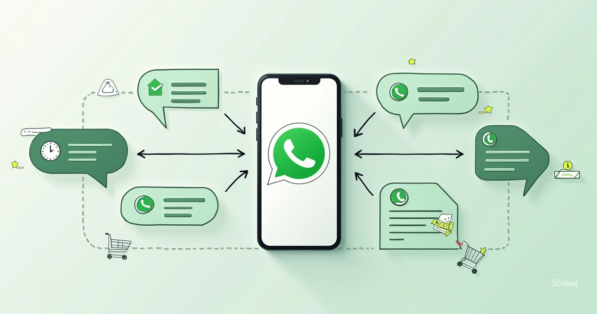 Fluxo automatizado de mensagens no WhatsApp com setas e balões de conversa 