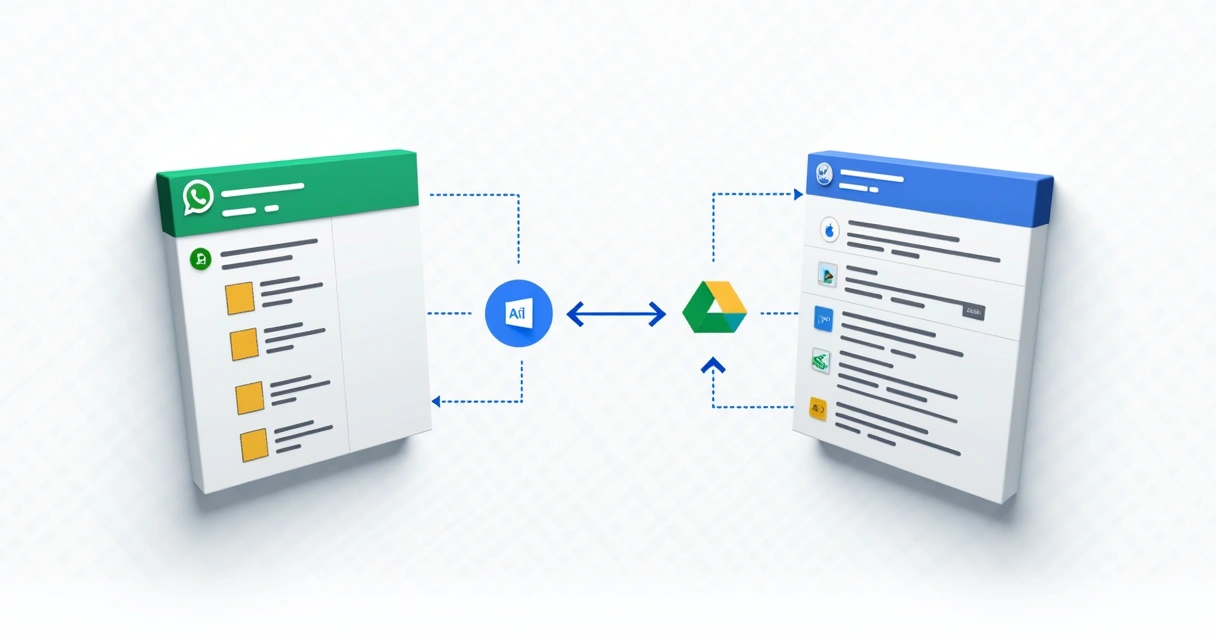 Workflow de automação mostrando integração de WhatsApp ao Google Drive