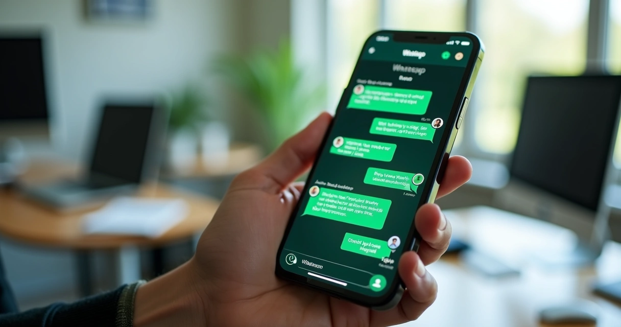 Smartphone com tela de WhatsApp exibindo mensagens automáticas 