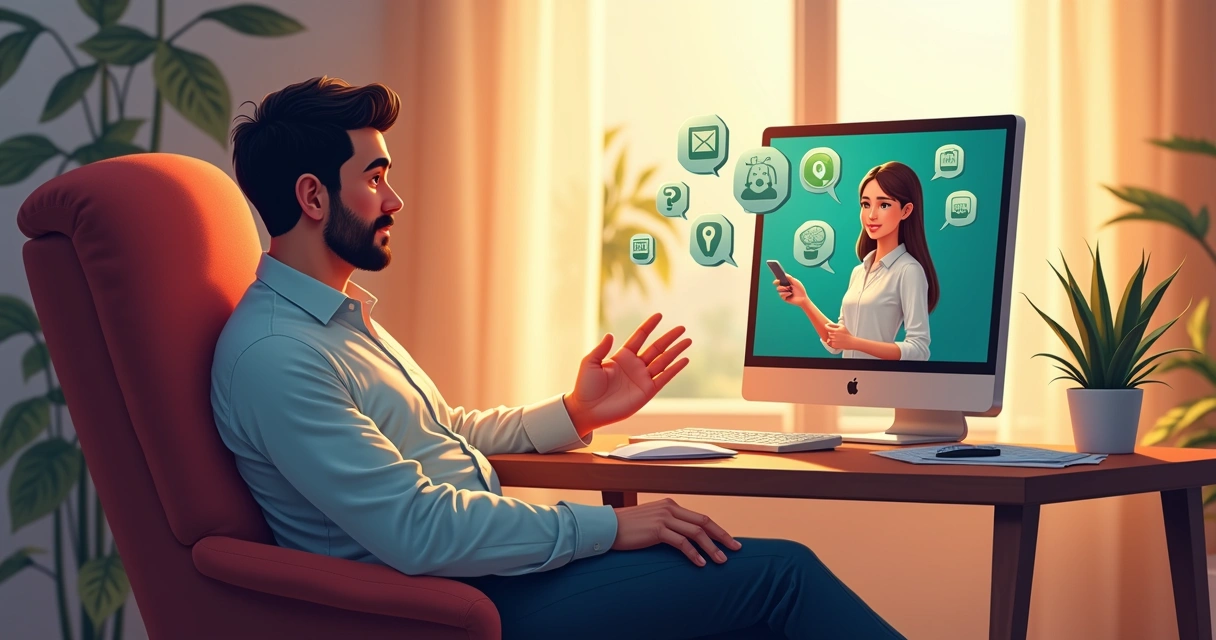 Ilustração de um assistente virtual atendendo clientes pelo WhatsApp em um escritório moderno