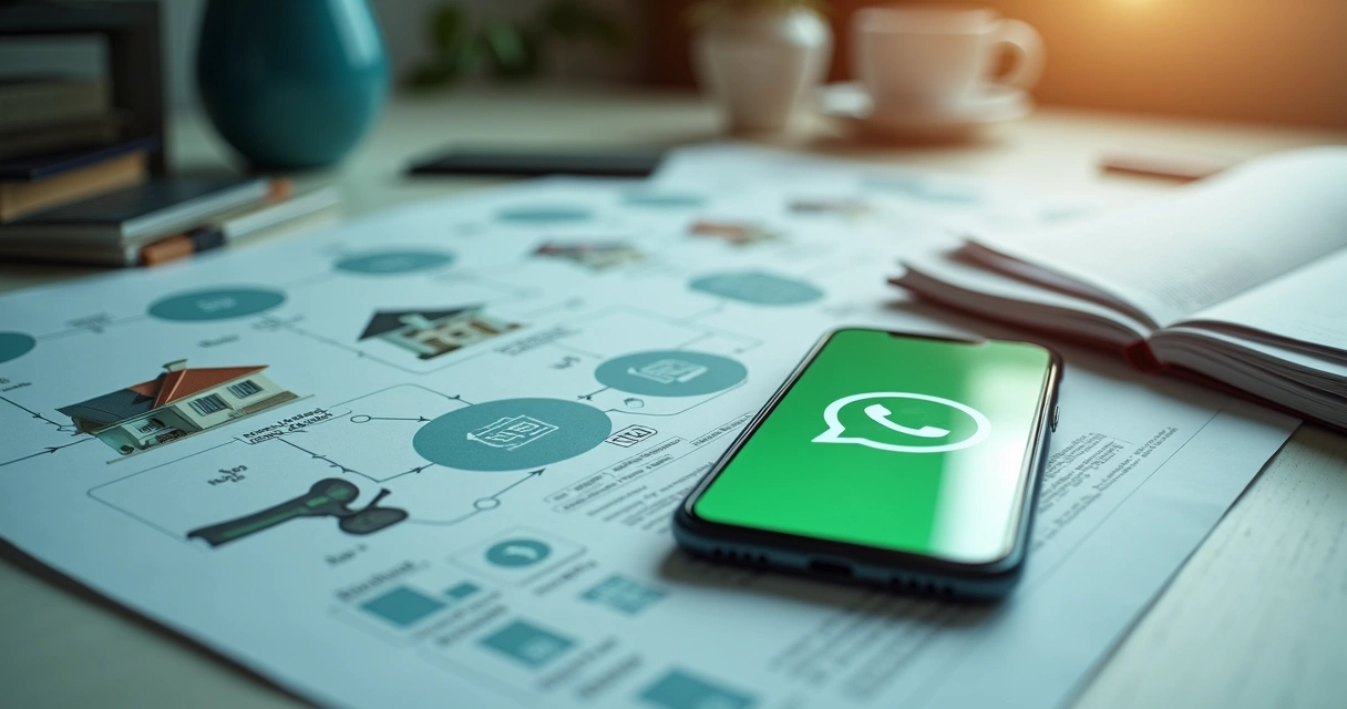 Fluxo digital de automação no WhatsApp para imobiliárias, bolhas de chat com textos automáticos, ícones de imóveis e símbolo do WhatsApp centralizado 
