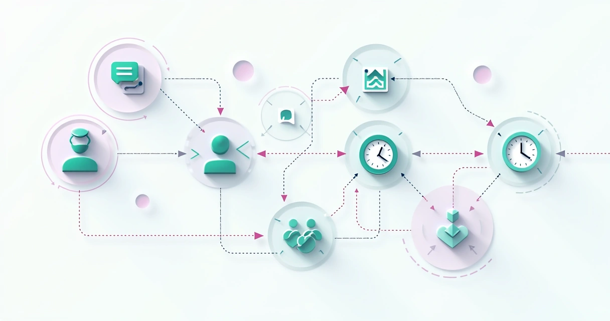 Fluxo de automação de mensagens no WhatsApp com ícones e setas conectando funções diferentes