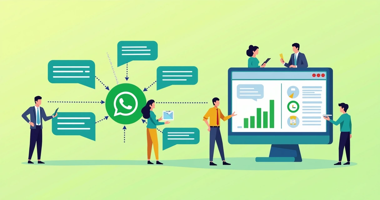 Fluxo de automação com setas entre mensagens personalizadas no WhatsApp, chatbot e ícones de CRM 