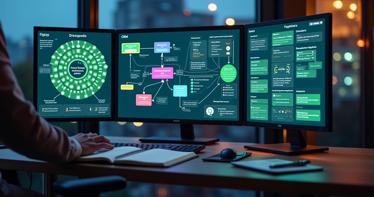 Tela grande exibindo fluxo do Make conectado ao WhatsApp em vários grupos de leads 