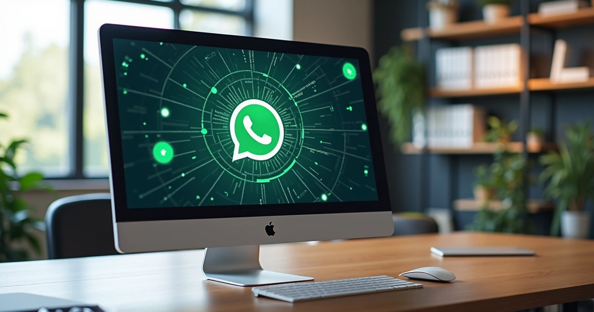 Computador mostrando tela com fluxo de automação visual do N8N conectado ao WhatsApp, escritório moderno ao fundo com luz natural 