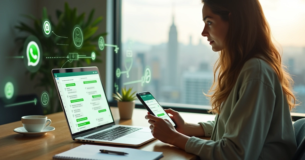 Mulher usando notebook e celular com automação de mensagens no WhatsApp 