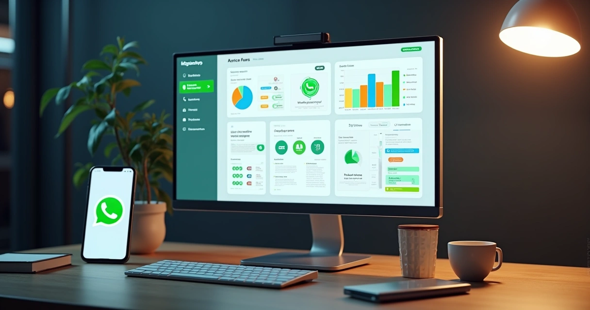 Tela de computador com dashboard de automação no WhatsApp Business exibindo chatbots, fluxos de atendimento e integrações CRM 