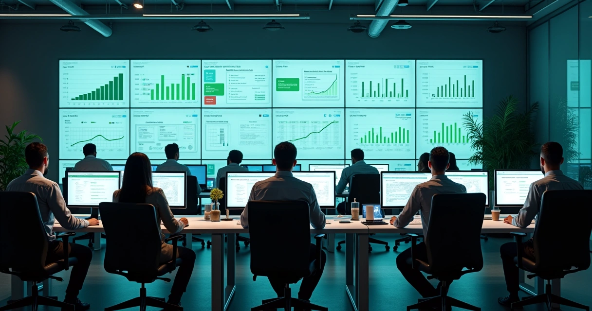 Painel de automação de WhatsApp em ambiente corporativo, com várias pessoas em computadores e gráficos no fundo