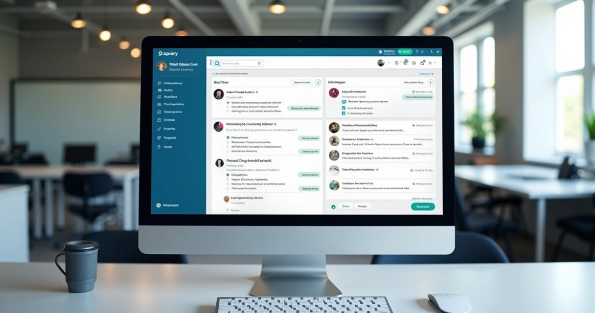 Painel digital exibindo automações e chat de WhatsApp em tela de computador 