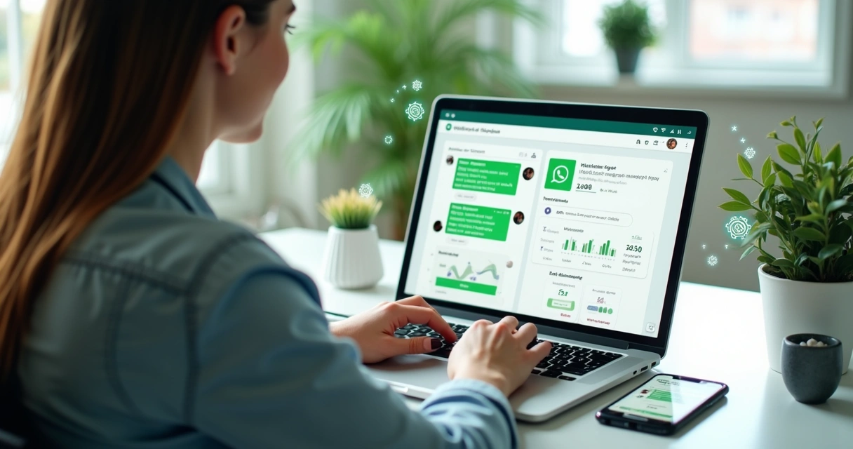 Empresária acompanhando automação de atendimento no WhatsApp em painel no notebook 