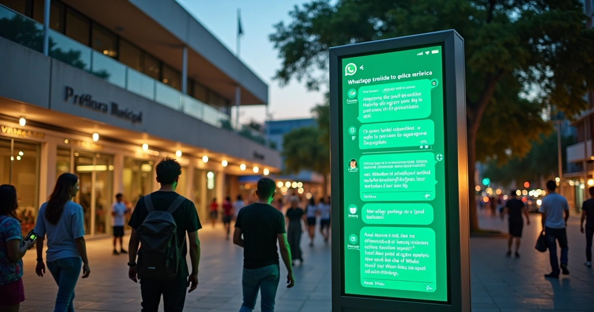 Painel de LED em praça de prefeitura exibindo mensagens automáticas de WhatsApp 