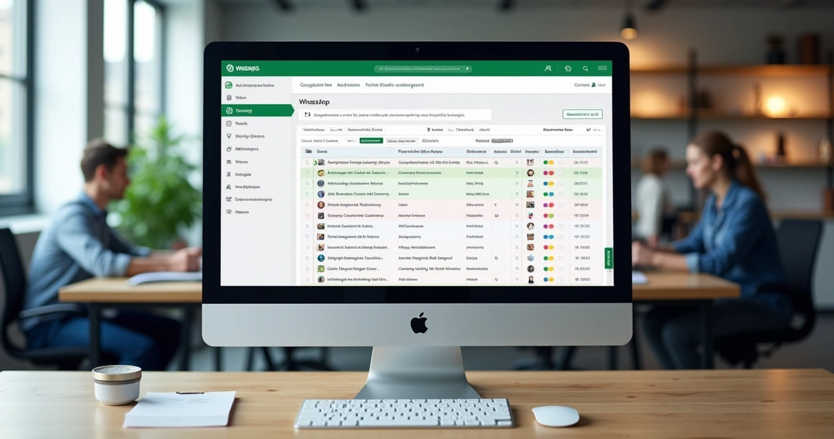 Tela de computador mostrando interface de automação do WhatsApp com fluxos de mensagens e gráficos de leads qualificados 