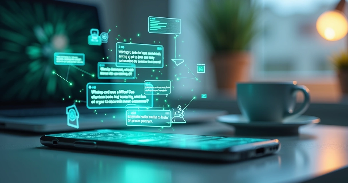 Tela de celular mostrando conversa automatizada no WhatsApp com mensagens de reativação de clientes e ícones de inteligência artificial e CRM ao redor 