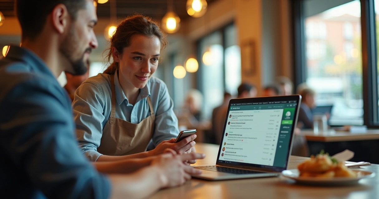 Atendente com notebook e telefone ao lado de comida e tela com mensagens automáticas 