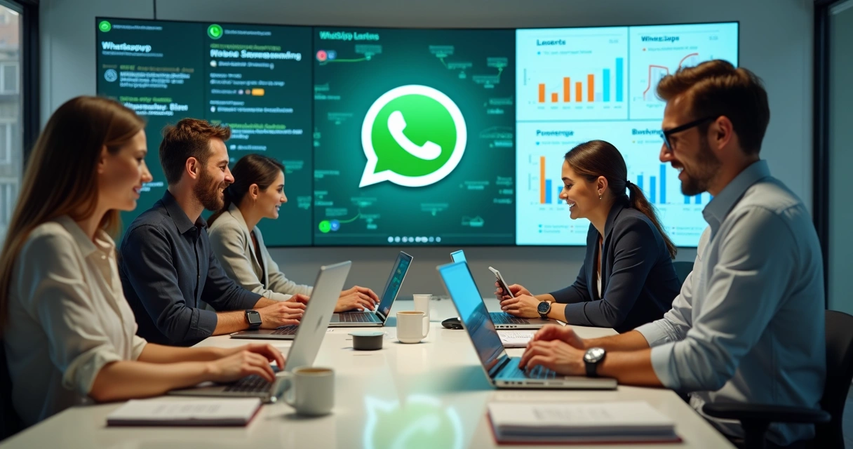 Equipe feliz usando automação segura do WhatsApp na empresa 