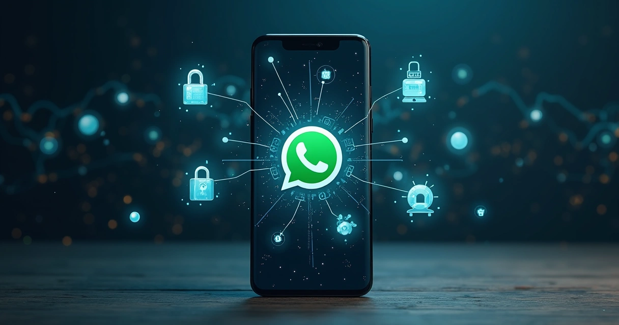 Smartphone aberto no WhatsApp com ícones de cadeado e símbolos de inteligência artificial ao redor 