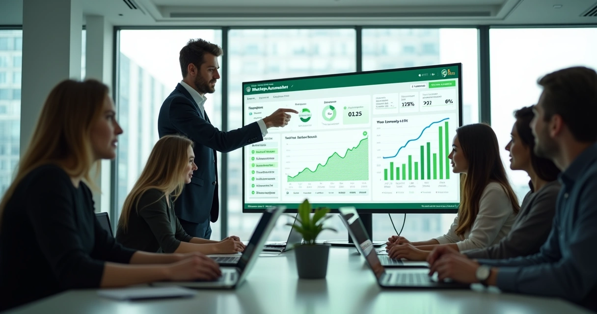 Equipe analisando dashboard de automação e vendas no WhatsApp 