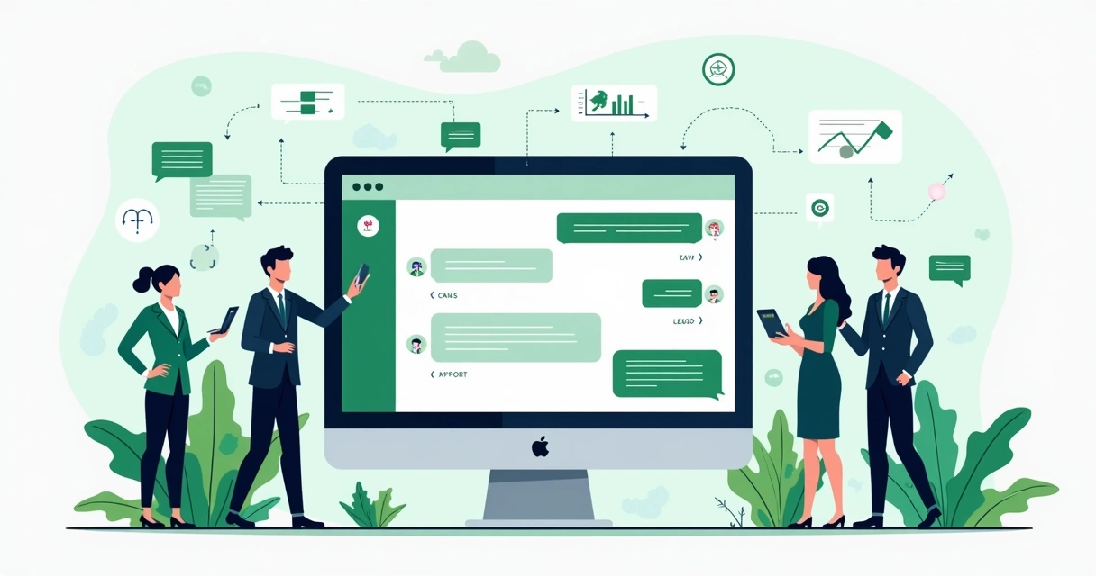 Ilustração de automação no WhatsApp conectando vendas e atendimento em uma tela de computador 