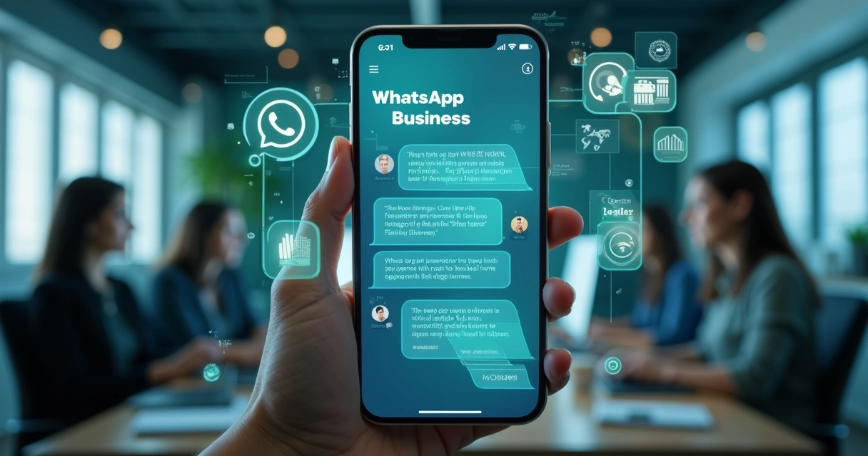 Tela de smartphone mostrando interface do WhatsApp Business com chatbot ativo e gráficos de vendas ao fundo 