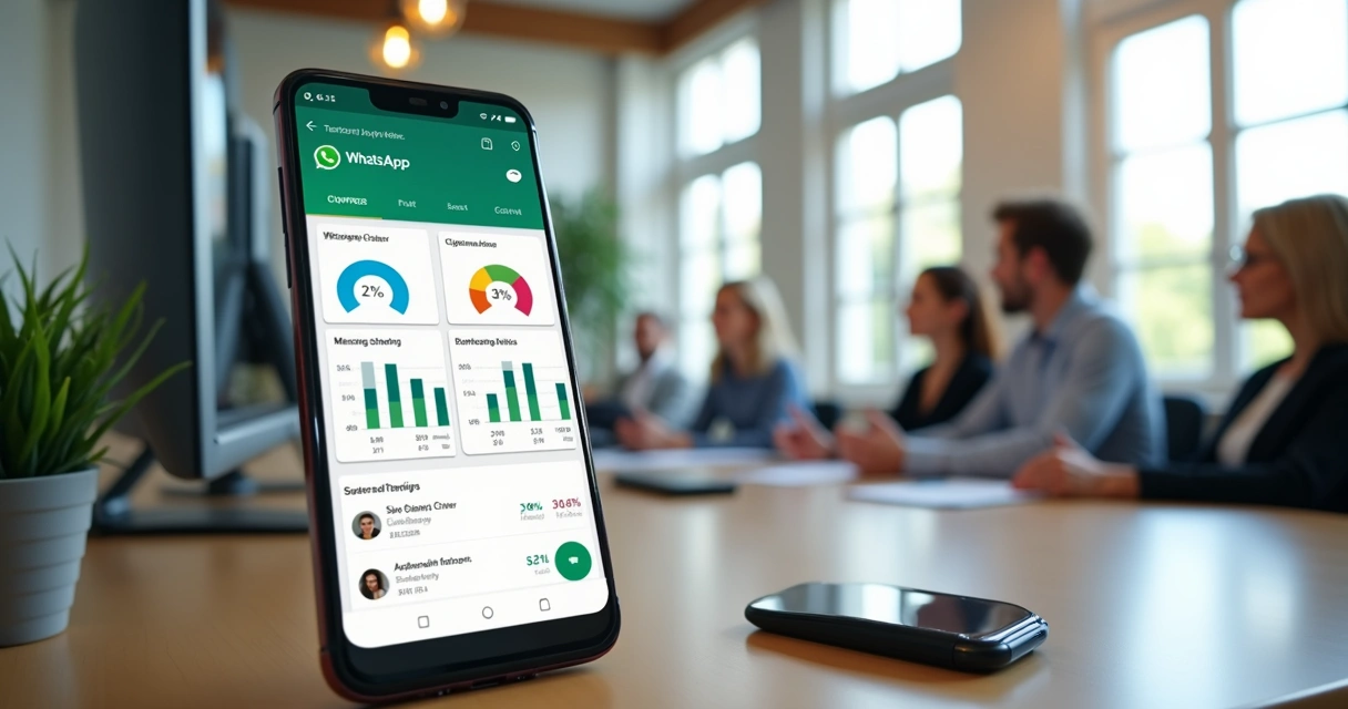 Profissionais usando computador e smartphone com interface de automação de vendas no WhatsApp exibida na tela 
