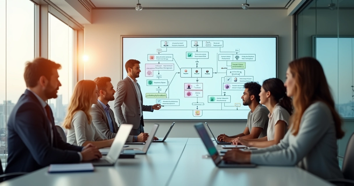 Equipe de RH em sala moderna acompanhando painel digital com fluxos automatizados 