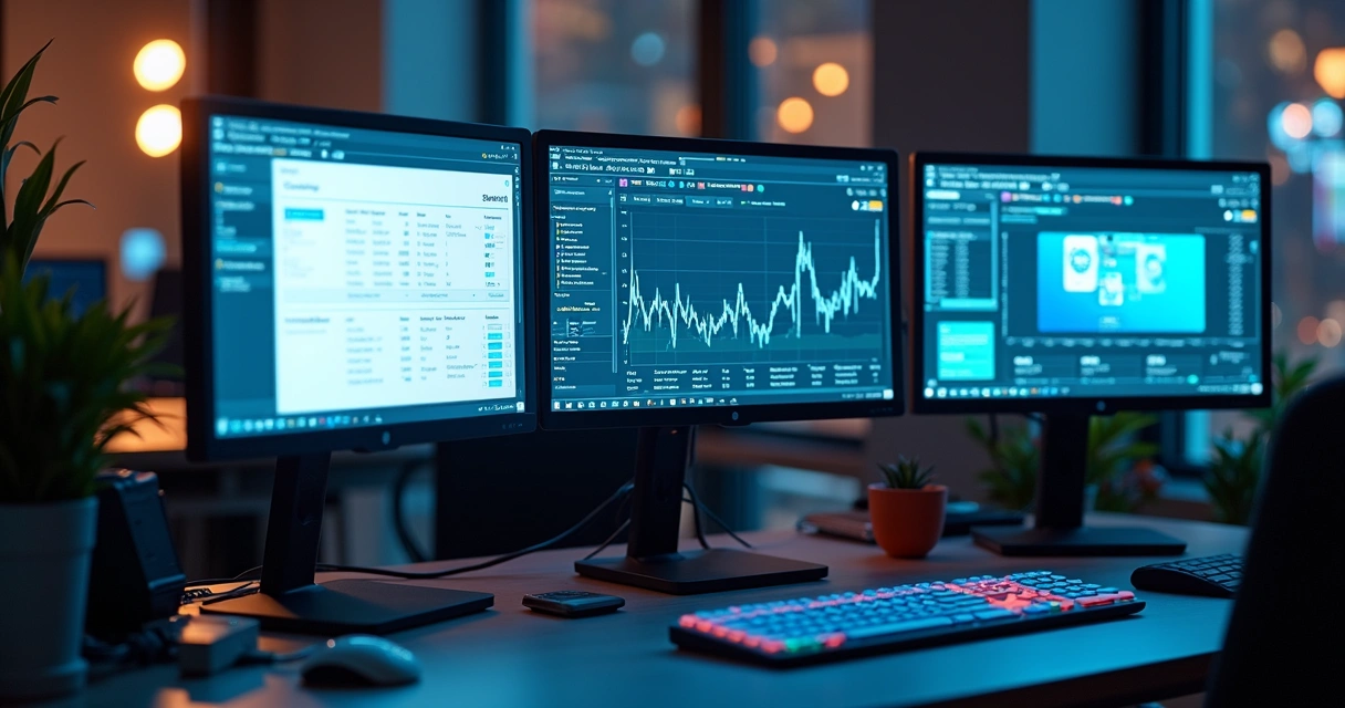 Mesa de escritório moderna com múltiplas telas mostrando dashboards digitais de automações AI integradas a ferramentas como Zapier e Make, ambiente iluminado e equipamentos tecnológicos ao redor 
