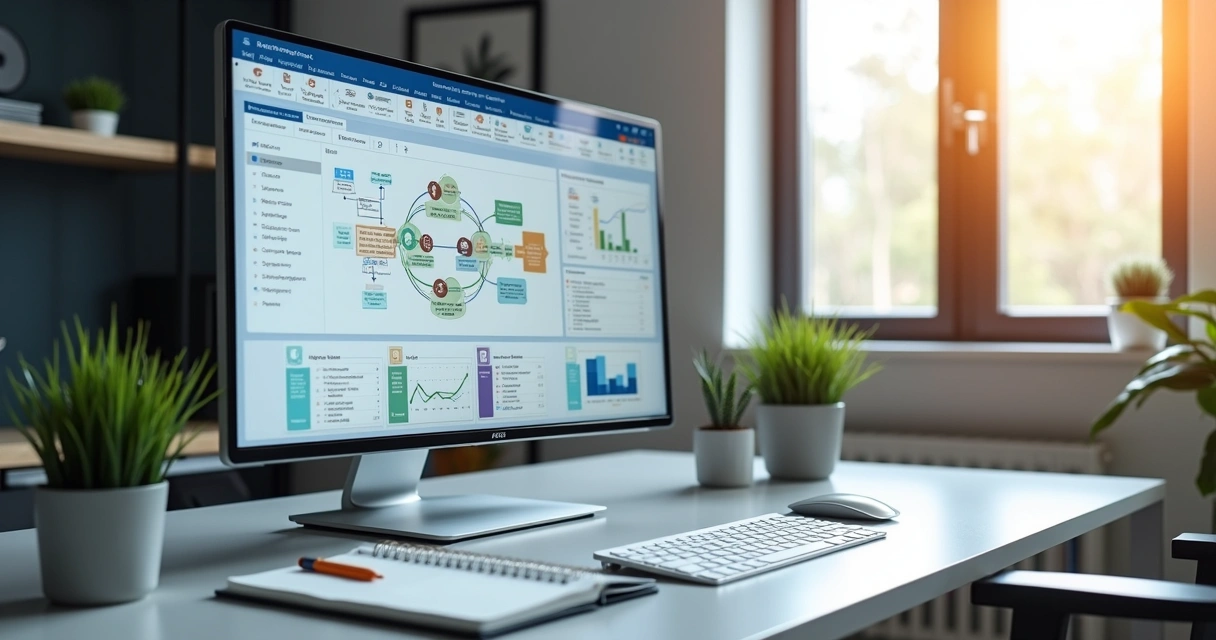 Tela de computador exibindo interface de Power Apps com fluxos de automação complexos e gráficos de dados coloridos 