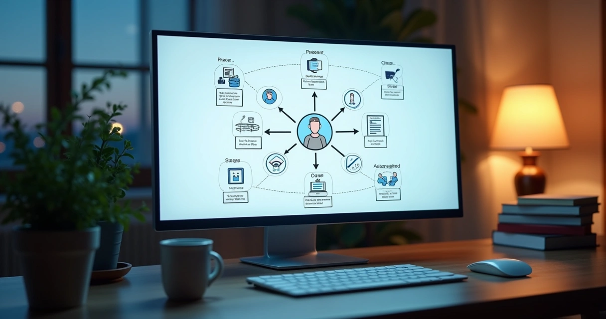 Fluxo de automações em onboarding no Notion, com linhas de conexão entre etapas 