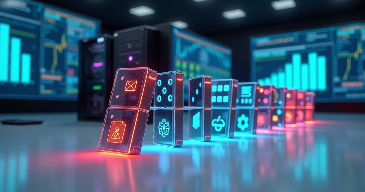Miniaturas de processos de TI em forma de peças de dominó caindo sobre servidor moderno 
