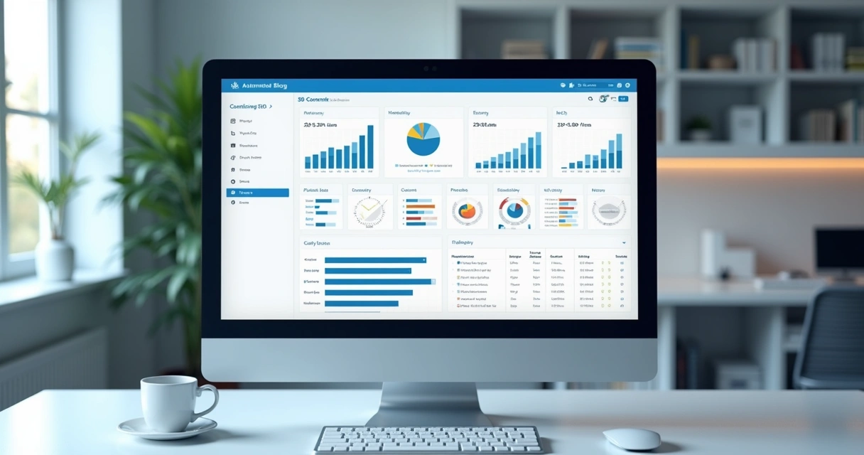 Painel de plataforma de automação de blog exibindo gráficos de SEO 