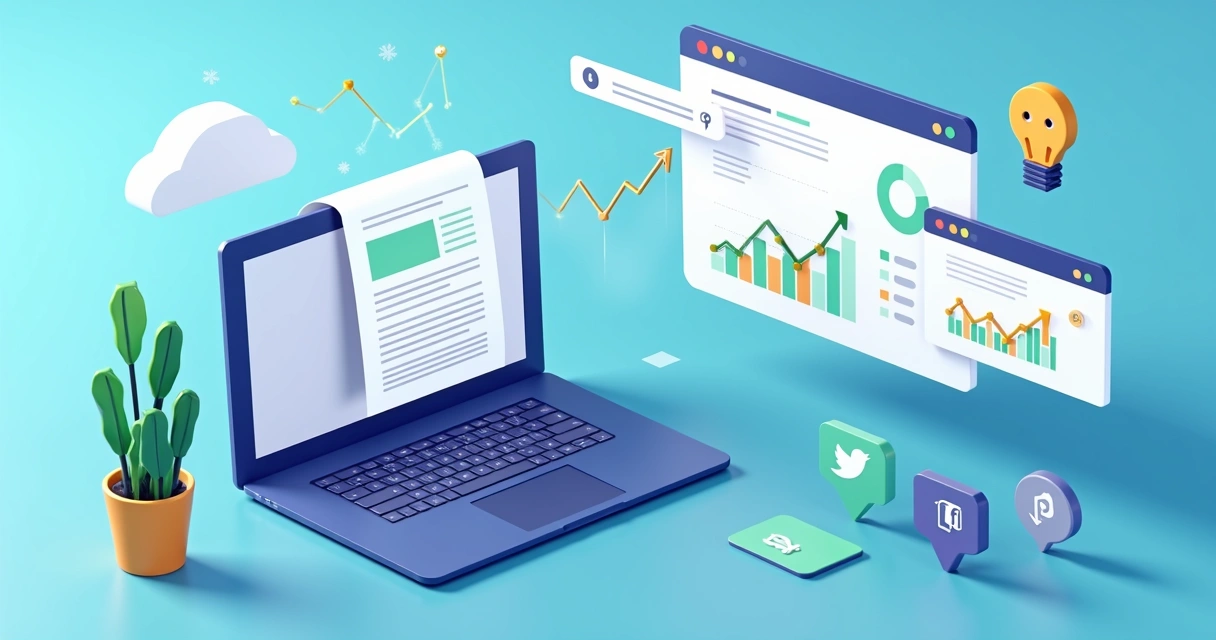 Ilustração de plataforma de IA gerando blog automaticamente com gráficos de crescimento 