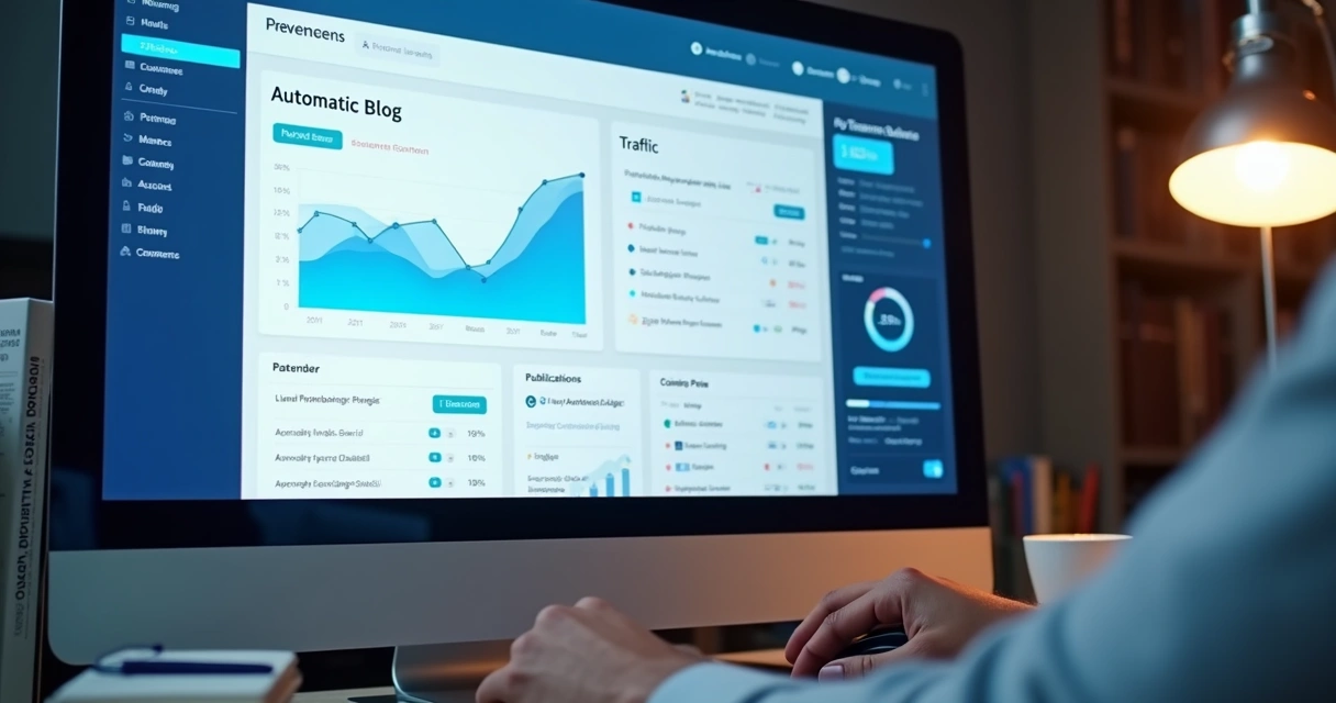 Painel de controle de blog automático mostrando gráficos de tráfego 