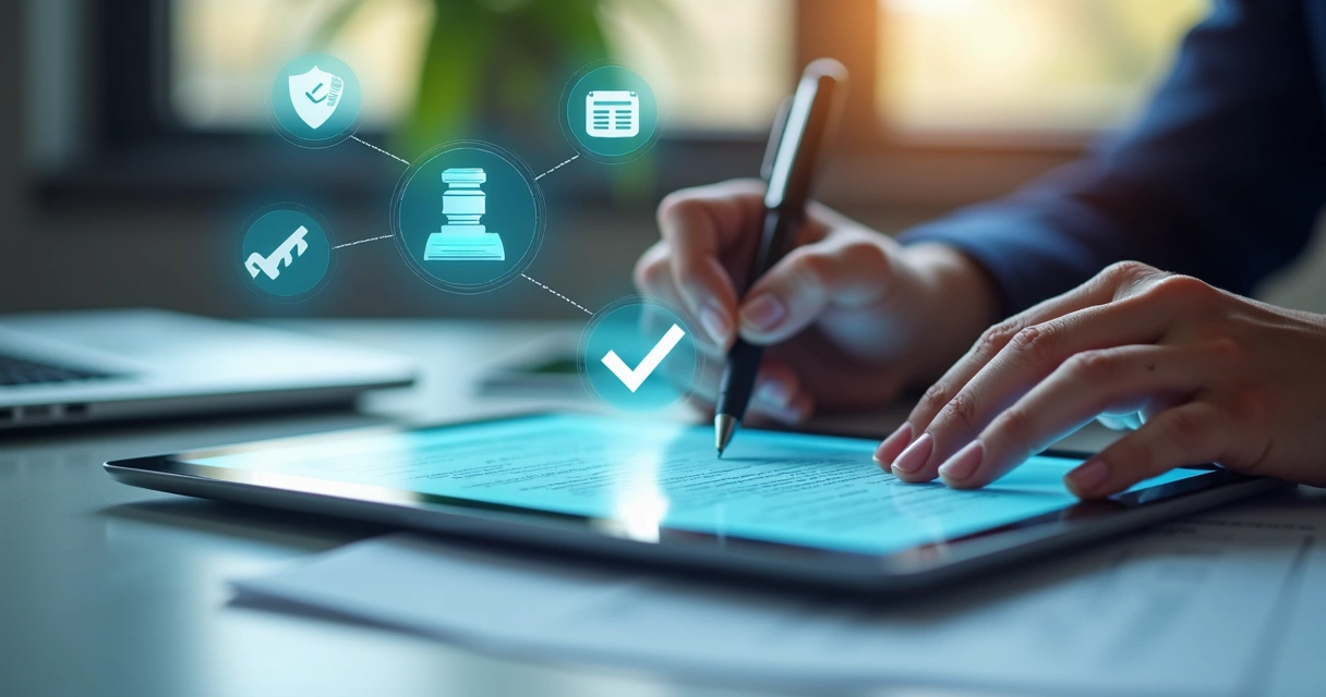 Businessperson digitally signing a legal contract on a tablet with floating holographic legal icons and documents 