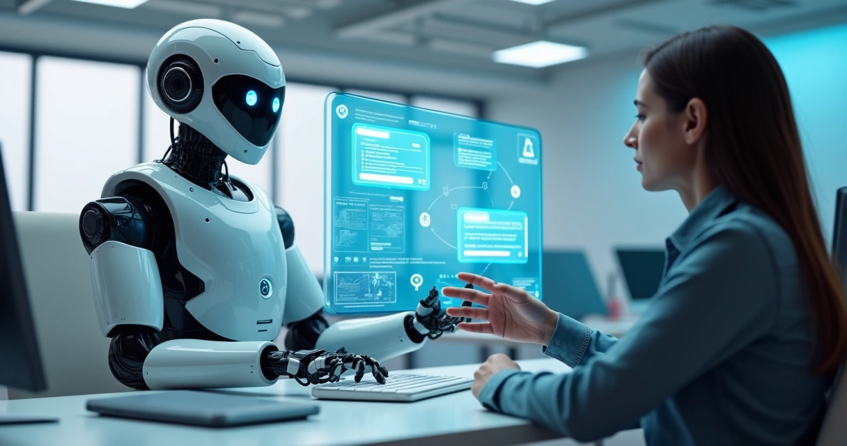 Customer service robot assisting a person with a digital touchscreen interface in a modern office setting 