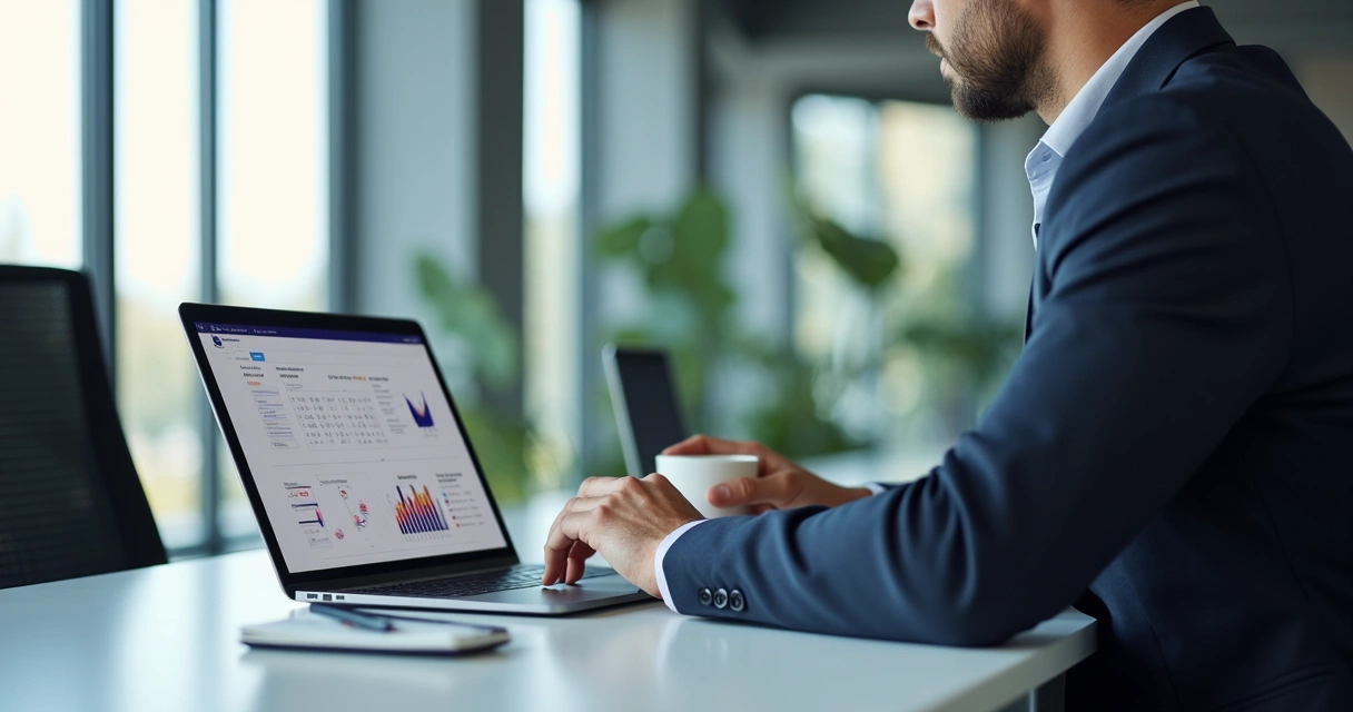 Professional recruiter reviewing automated feedback reports on laptop during candidate interview 