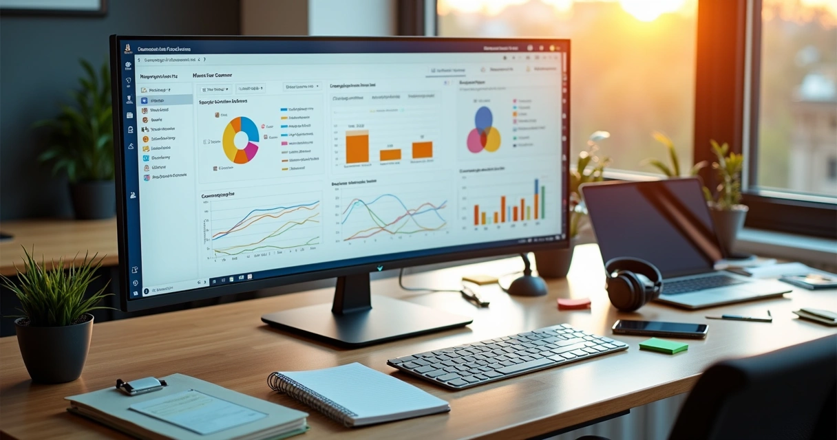 Marketing automation dashboard with charts and flow diagrams on a screen 