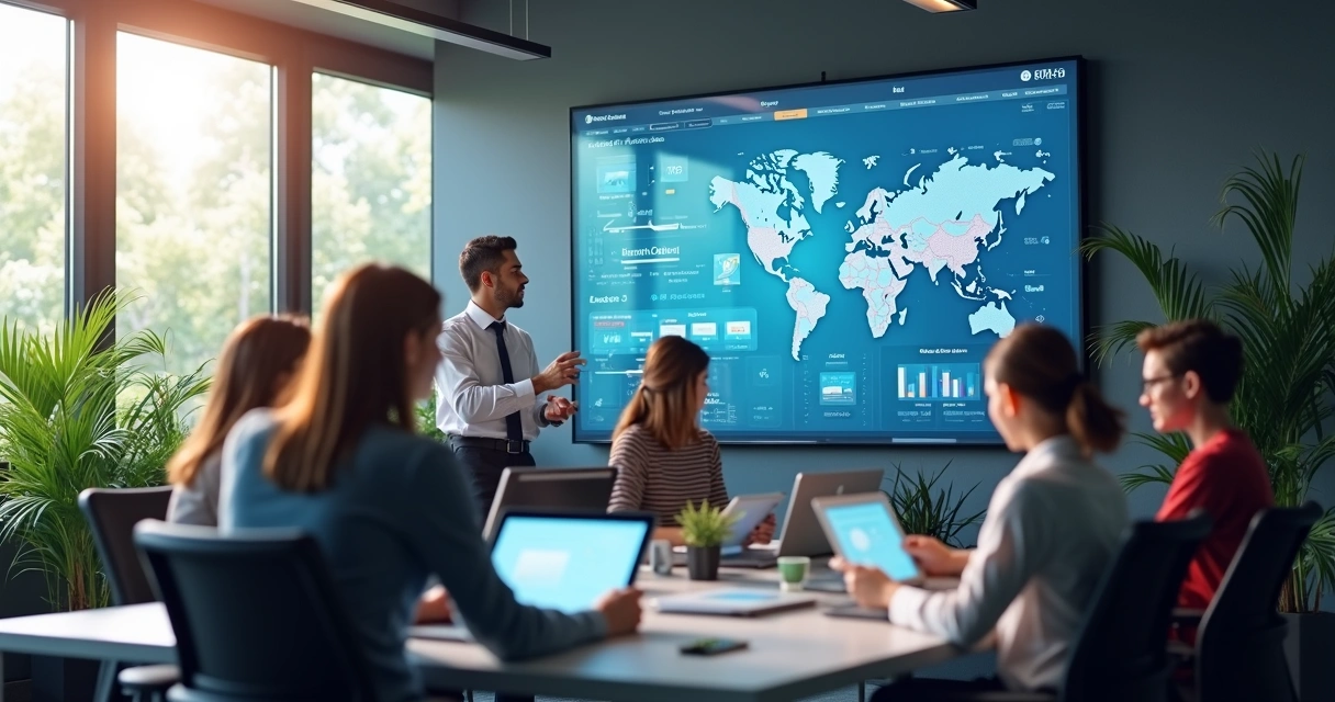 Equipe em escritório moderno usando telas e tablets integrados