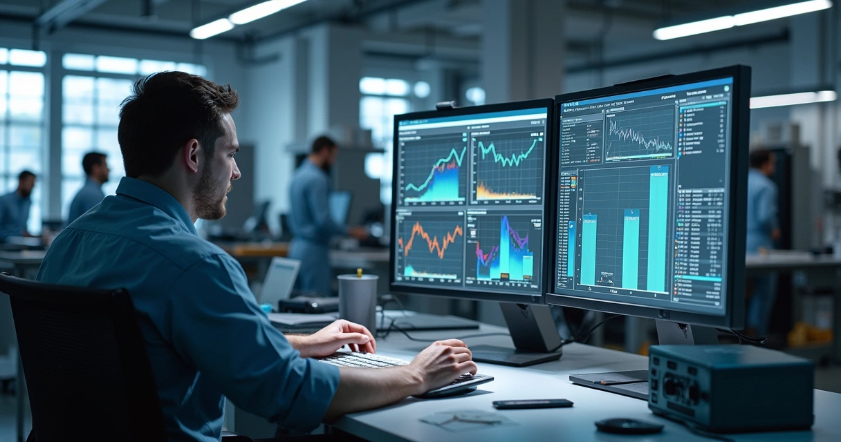 Factory office with workers using computers to manage pre-molded slab orders and digital dashboards showing order status 
