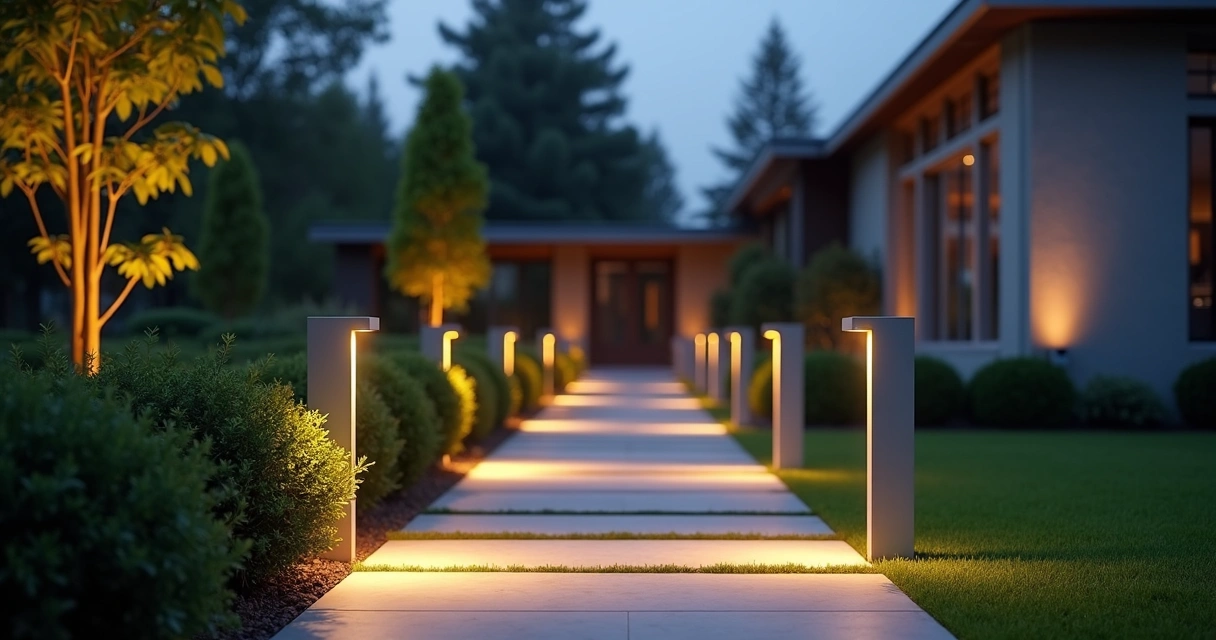 Modern garden pathway with automated lighting at dusk 