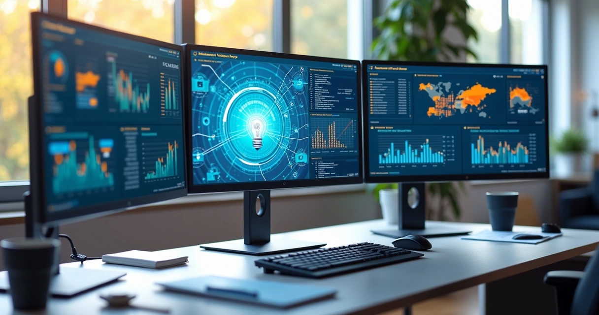 High-resolution photo of a modern office desk with multiple computer screens showing colorful interactive Power BI dashboards and automation workflow diagrams 