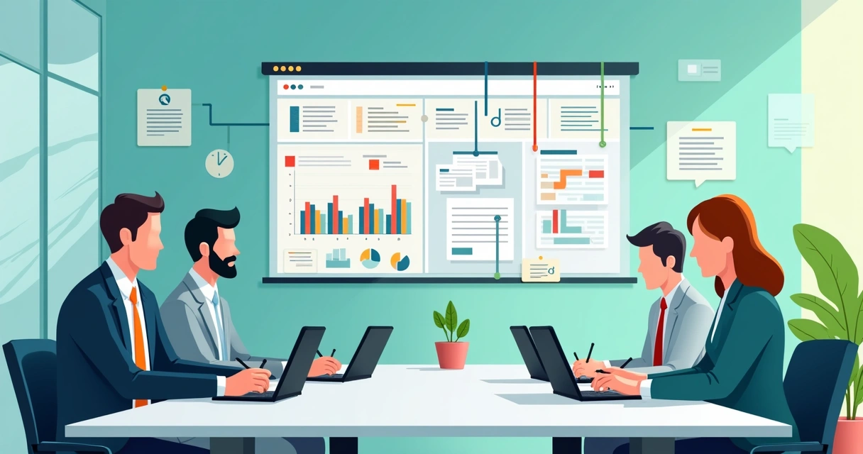 Digital dashboard tracking proposal approvals and contract workflow with team collaborating 