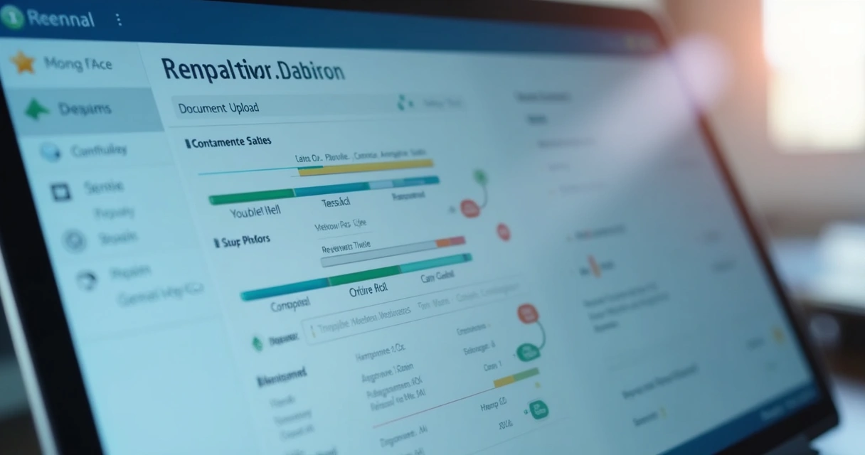 Modern digital dashboard showing permit renewal workflow steps with status icons and timelines. 