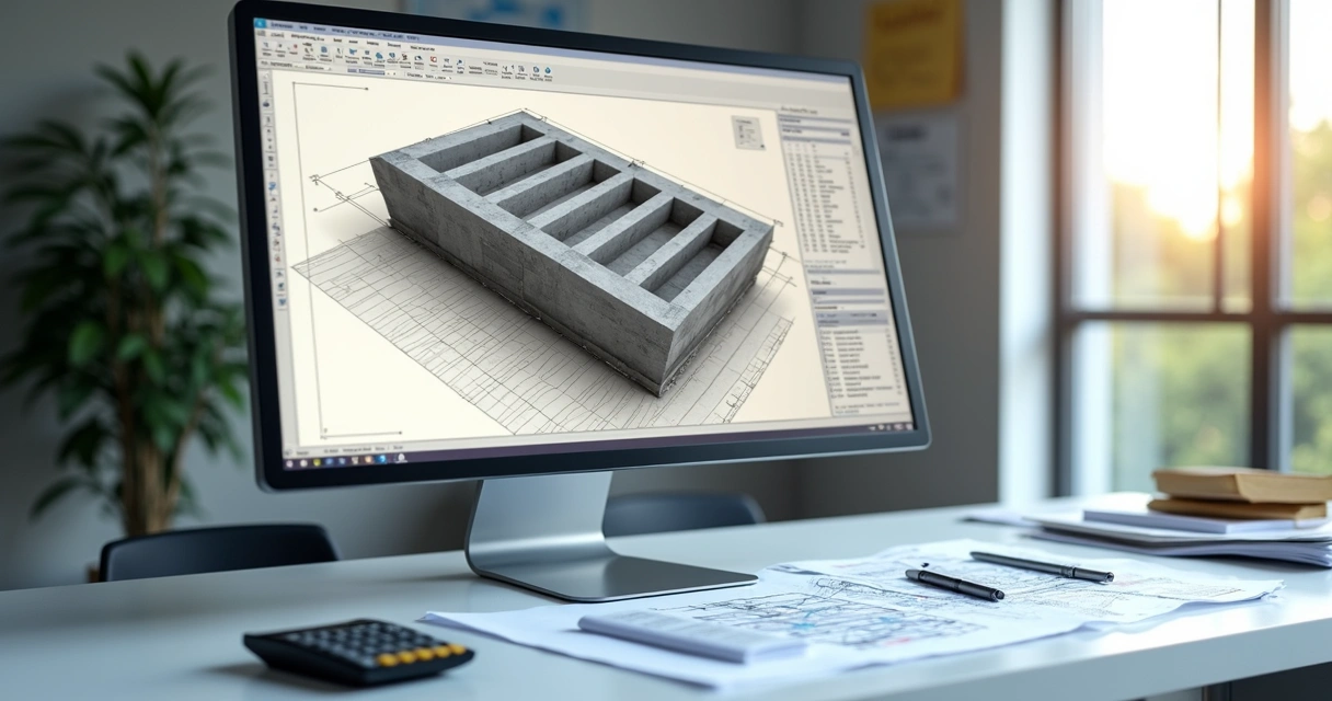 Computer screen displaying 3D slab design and structural calculations next to technical documents 