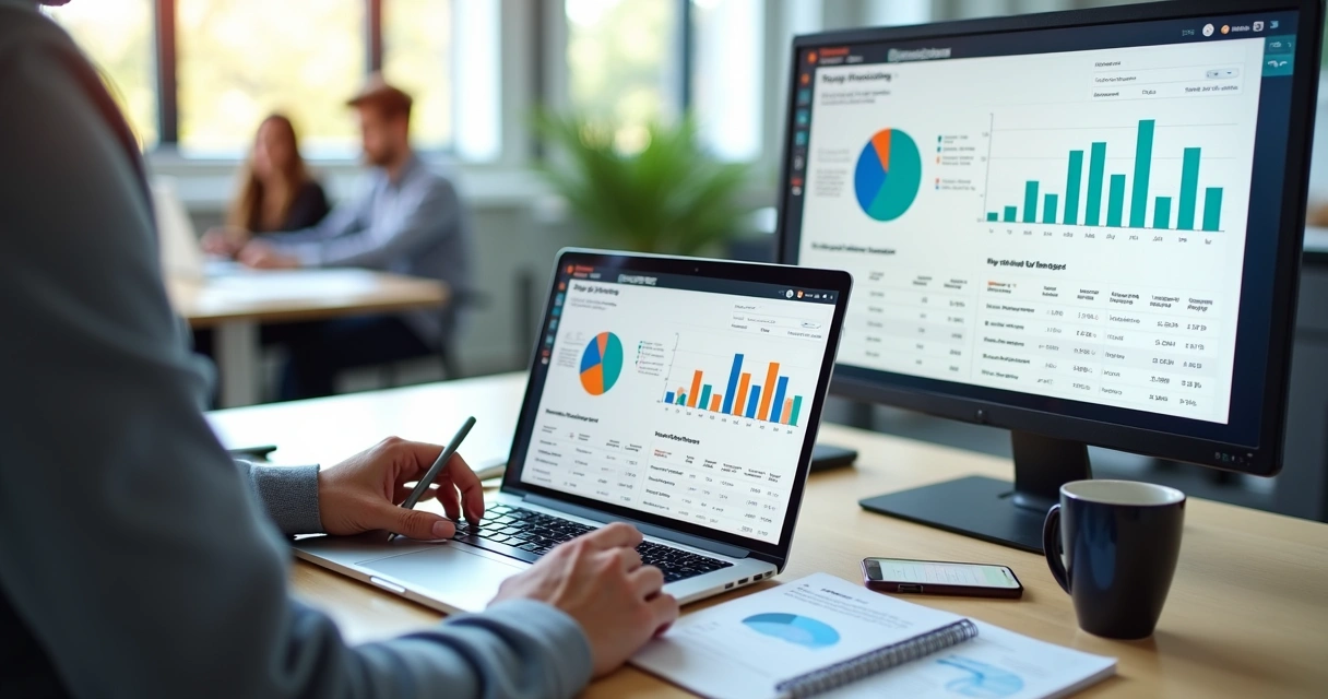 Team reviewing automated task report dashboard on laptop 