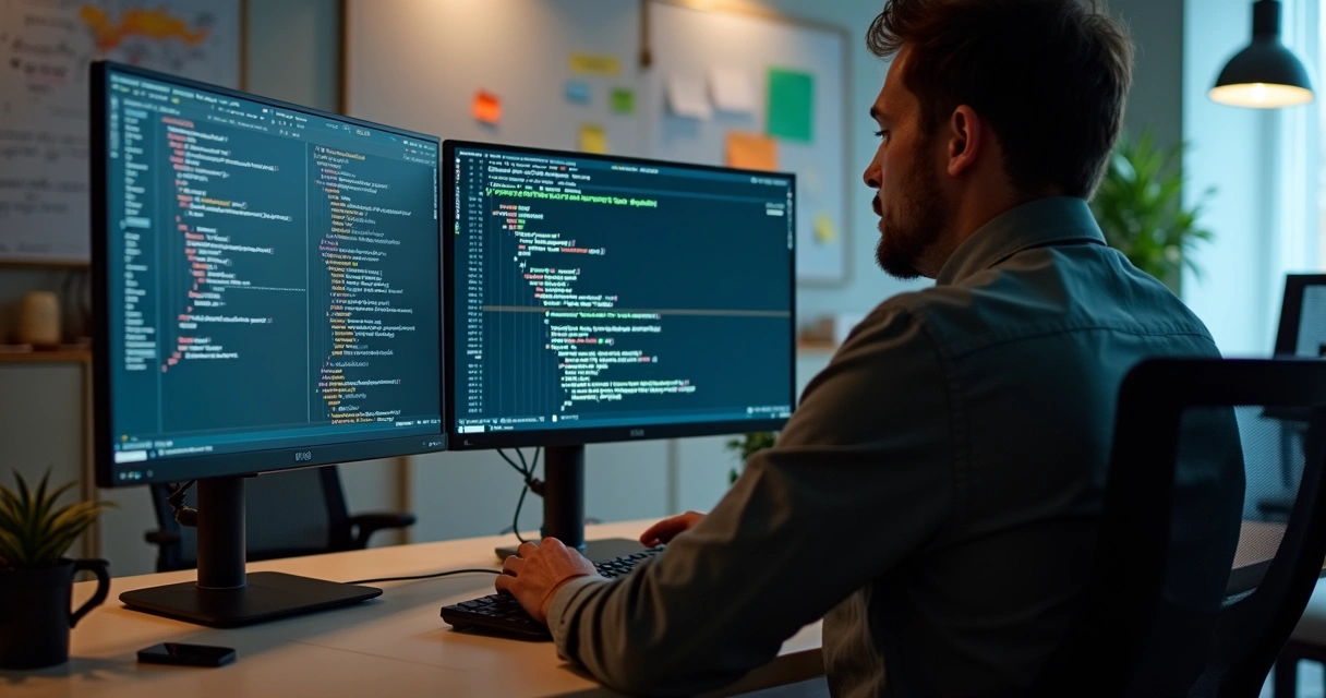 Developer viewing web app automated test results on dual monitors