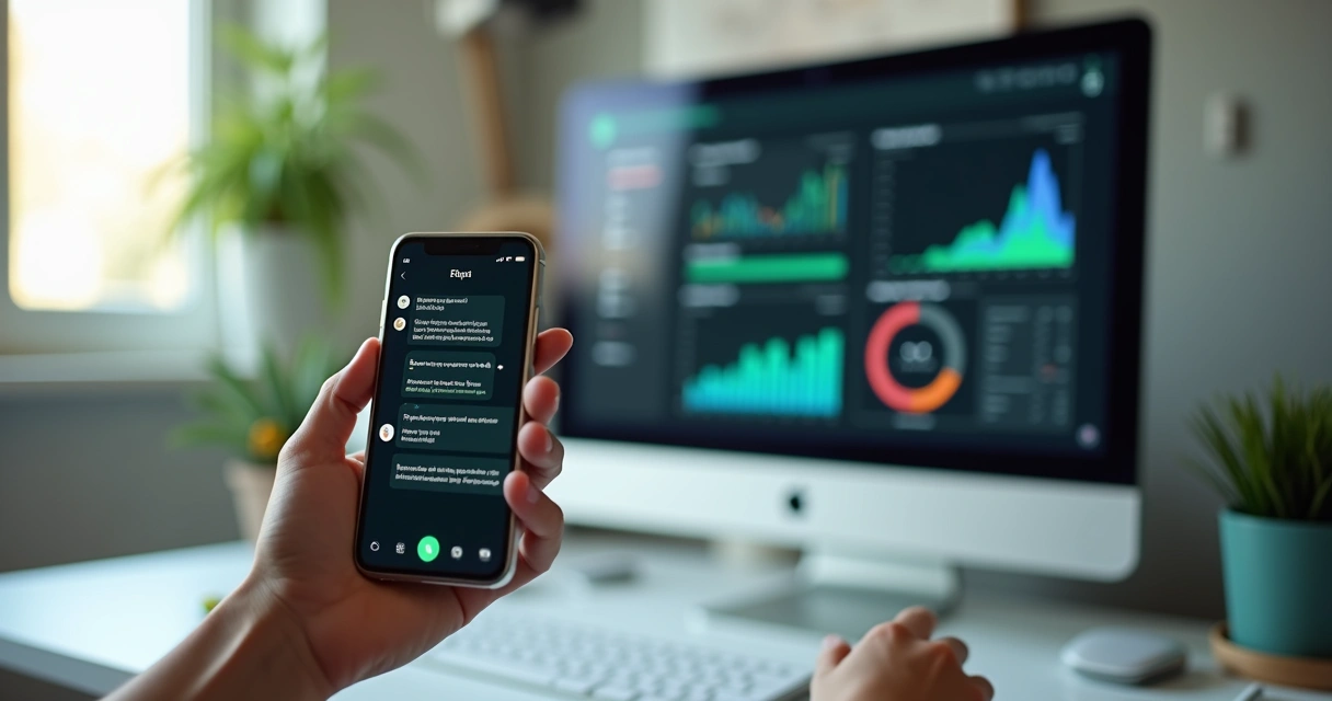 Smartphone screen showing a personalized AI chatbot conversation on WhatsApp with business dashboard in background 