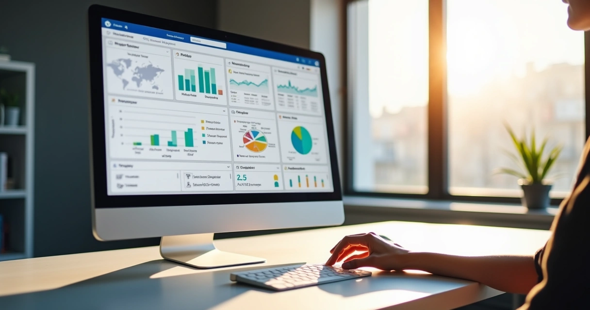 Software dashboard with automation icons and charts on a modern computer screen 