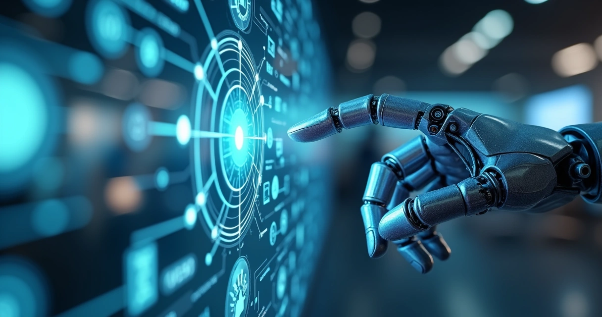 Close-up of a robotic hand interacting with a futuristic touchscreen filled with dynamic workflow icons and digital automation symbols 